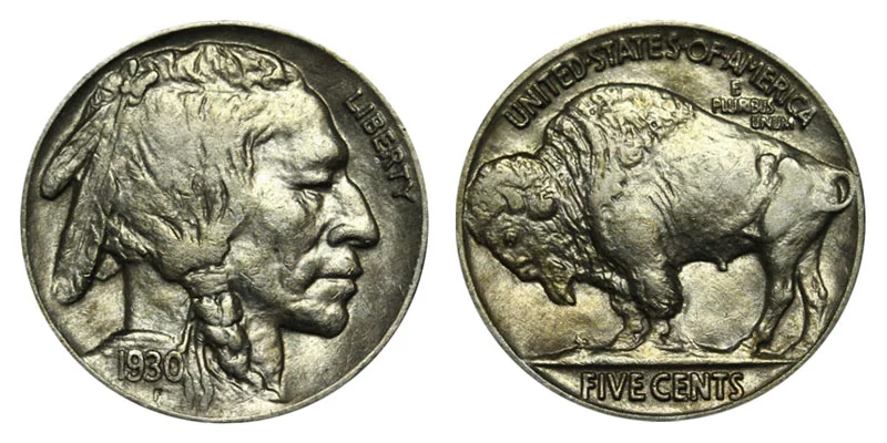 1930 Buffalo nickel obverse showing Native American chief and reverse showing bison, both sides