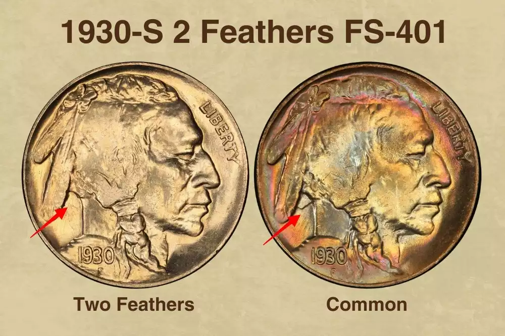 Side-by-side comparison of normal 1930 Buffalo nickel with three headdress feathers versus Two-Feather error with only two feathers