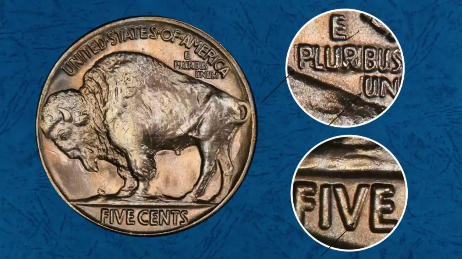 1930 Buffalo nickel DDR error close-up showing doubled FIVE CENTS lettering on the reverse