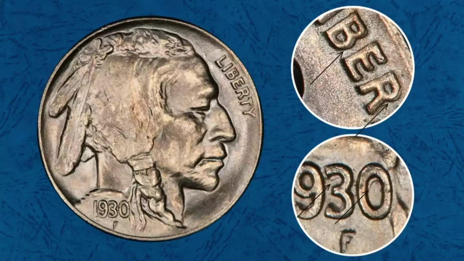 1930 Buffalo nickel DDO error showing doubled date numerals 1930 under magnification