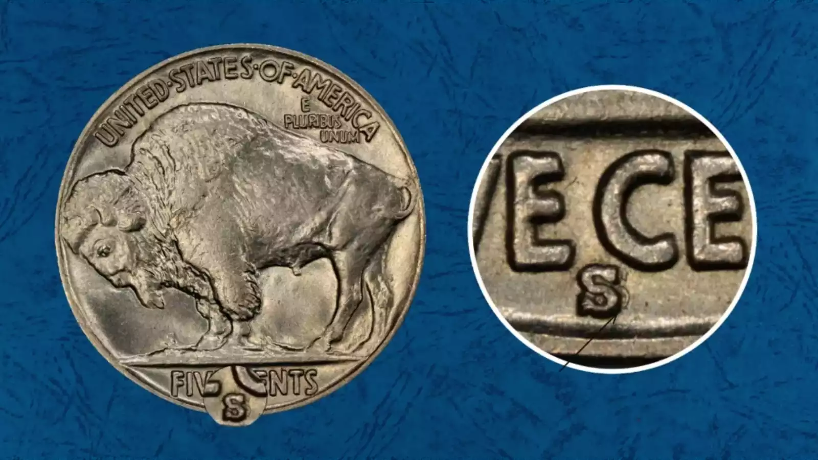 1930-S Buffalo nickel RPM error close-up showing doubled or repunched S mint mark on reverse