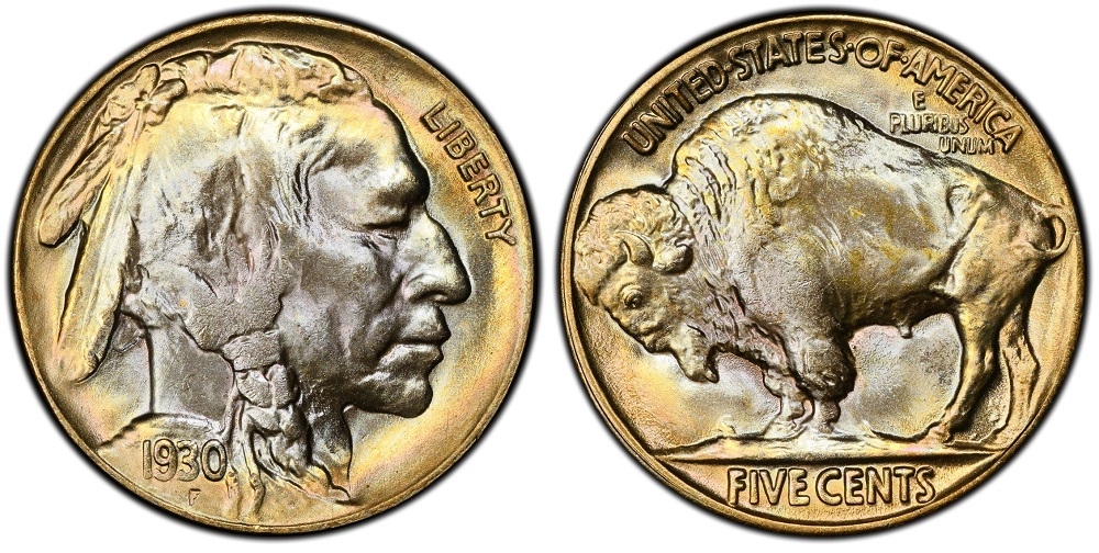 1930 Buffalo nickel grading strip showing four coins from Good to Mint State condition side by side